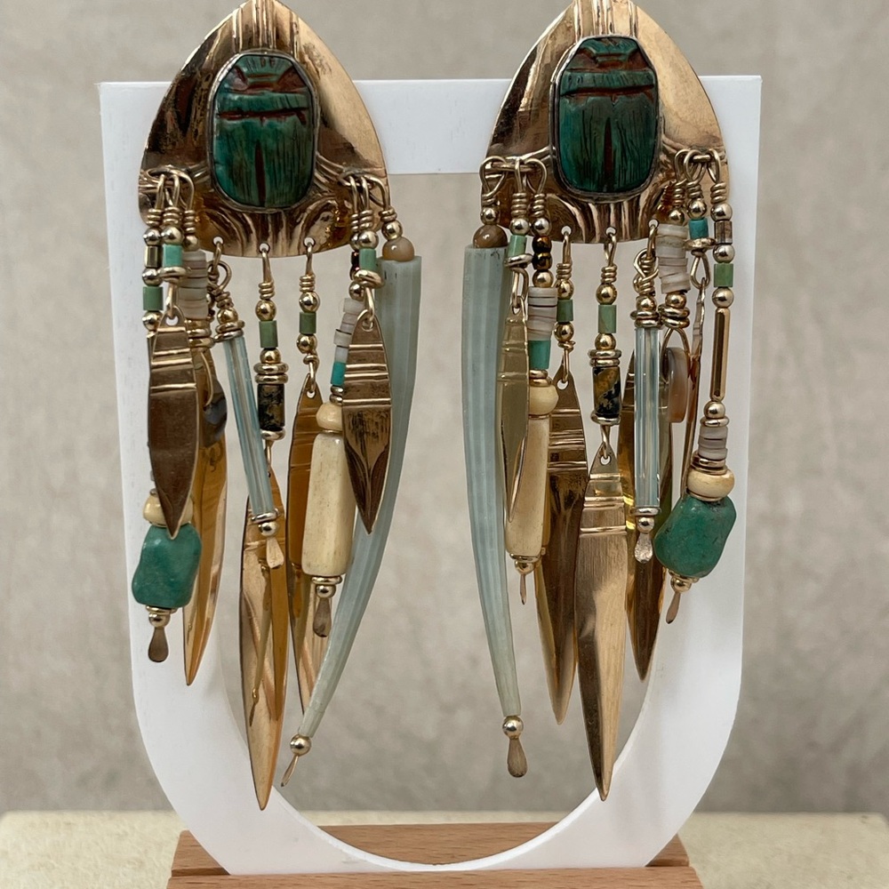 14K Gold Filled Tabra Signed Egyptian Revival Scarab Chandelier Earrings